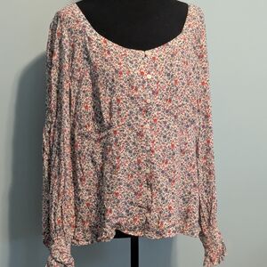 LOFT Pink & Blue Floral Scoop-Neck Button Blouse